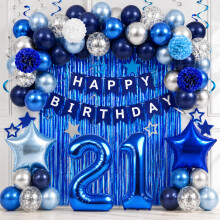 Blue Silver 21st Birthday Decorations for Him Number 21 Party Balloons Set