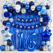 16th Birthday Decorations for Boy Blue Silver Number 16 Party Balloons Set