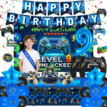 9th Birthday Decorations Blue Video Gaming Party Decor Set for Boys