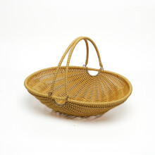 (Yellow, S) Basket Wicker Harvest With Foldable Handle For Garden Vegetables Fruits Flowers Portable Storage Tool Gathering