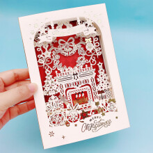 (Red Fireplace)Christmas Greeting Card Centerpiece With Copper Paper Printing For Party Home