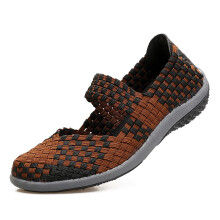 (Brown, EU37) Women Summer Flat Sneakers Breathable Fabric Leisure Weave Sandals On Shoes Slip