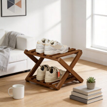 (Khaki)Bamboo Multi Layer Folding Shoe Rack Storage Shelf Indoor Use Durability Sturdy