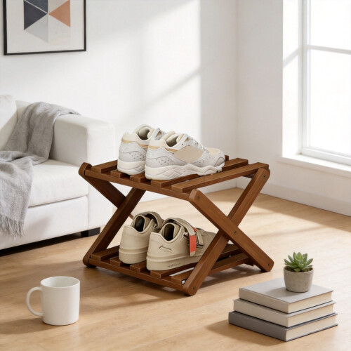 (Khaki)Bamboo Multi Layer Folding Shoe Rack Storage Shelf Indoor Use Durability Sturdy