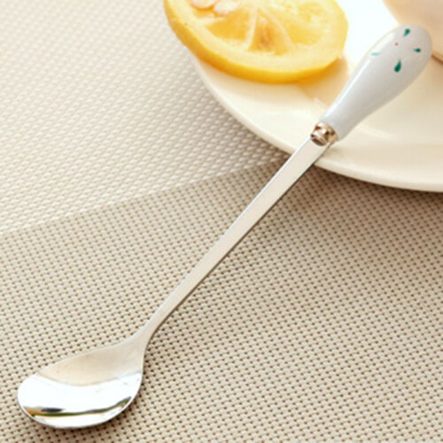 (White)Ceramic Handle Floral Stirring Spoon Tableware Stainless Steel Tableware Milk