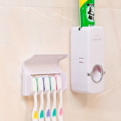 (White)Automatic Toothpaste Dispenser And Toothbrush Holder Plastic Organizer Bathroom 2