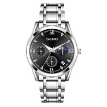 (Silver shell, black face) Mens Stainless Steel Wrist Watch, Black Dial Moon Phase Calendar, Rhinestone Roman Numeral Business Dress Watch for Men