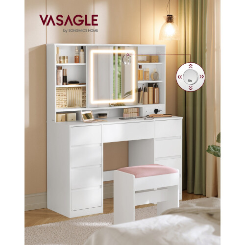 Dressing Table - MDF - Cloud White - LED Mirror with Power Outlets and 9 Drawers 1