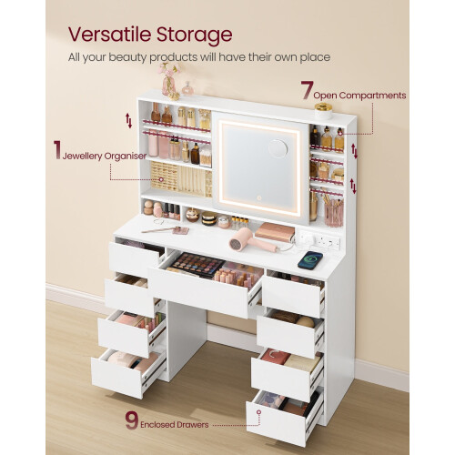 Dressing Table - MDF - Cloud White - LED Mirror with Power Outlets and 9 Drawers 2
