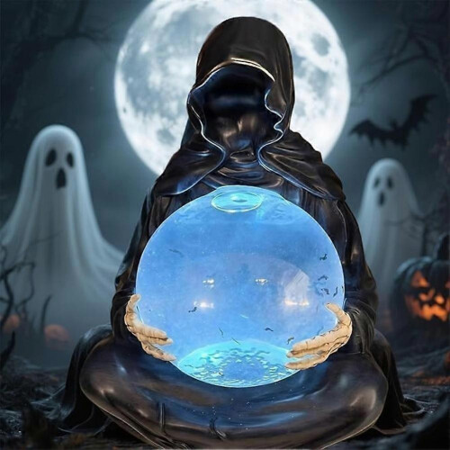 Grim Reaper Statue with Flying Bats Crystal Ball,LED Light Grim Reaper Water Globe Halloween Decor 1