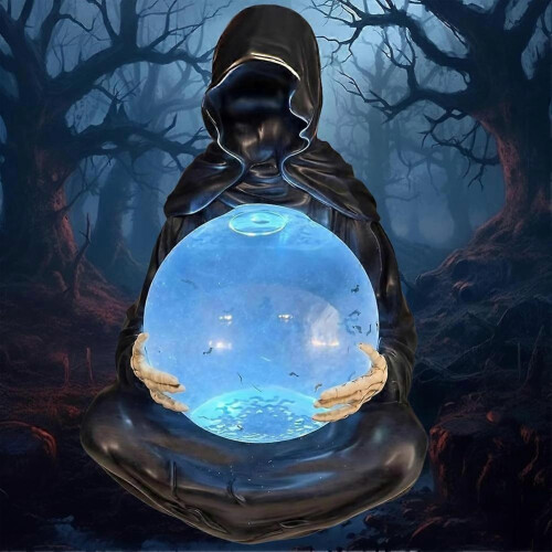 Grim Reaper Statue with Flying Bats Crystal Ball,LED Light Grim Reaper Water Globe Halloween Decor 2