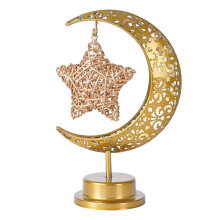 Moon Lamp Tabletop LED Night Light with Iron Openwork Pattern Hanging Moon Shape Decorative Rattan Stars Ambient Light