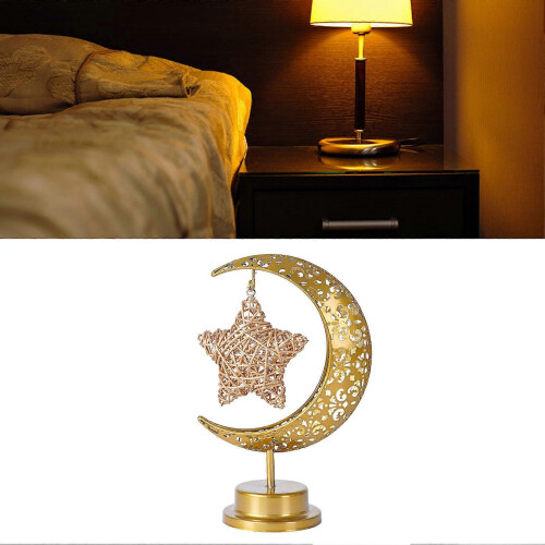 Moon Lamp Tabletop LED Night Light with Iron Openwork Pattern Hanging Moon Shape Decorative Rattan Stars Ambient Light 2