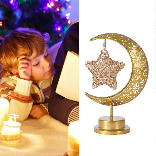Moon Lamp Tabletop LED Night Light with Iron Openwork Pattern Hanging Moon Shape Decorative Rattan Stars Ambient Light 1
