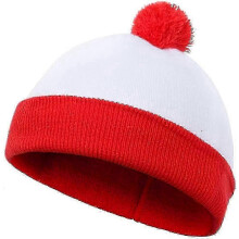 Red White Cuff Knit Beanie Hat with Pom Pom, Winter Warm Knitted Hat for Men Women