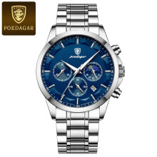 (Silver shell, blue surface, steel strip model) Men's Rose Gold Stainless Steel Chronograph Watch, Black Dial Moon Phase Date Business Wristwatch