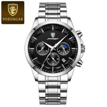 (Silver shell, black face, steel strip model) Men's Rose Gold Stainless Steel Chronograph Watch, Black Dial Moon Phase Date Business Wristwatch