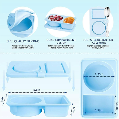 Lot de 3 boîtes à goûter réutilisables en silicone avec couvercles, boîtes à goûter à double compartiment, couleur sel 1
