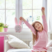 Kids Bunny Alarm Clock with Night Light 6 Ringtones, Cute Touch Control and Rechargeable Snooze Clock for Children Girls Bedroom