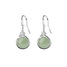 Vintage 925 Sterling Silver Jade Dangle Earrings for Women, Jade Drop Hook Earrings, Chinese Style Green Sleep Earrings for Her