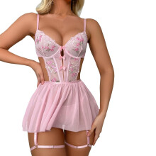 Sexy Outfit Women's Lingerie Slip Dress with Floral Embroidery, Mesh Fabric Cutouts, Lingerie Leather Look Pink L