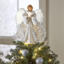 Angel Christmas Tree Topper With Feather Wings, Light Up Fairy, 30cm Tall
