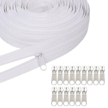 Continuous Zip with Zip 5 m White Nylon Zip, 15 Metal Sliders, Sold by the Metre for Bed Linen, Bag, Clothing Bags