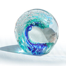 Ocean crystal ball, paperweight, glass orb, mouthblown, ocean beach, decorative sphere
