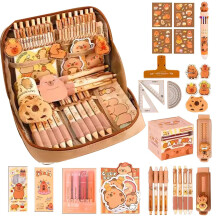 Capybara Stationery Set, Cute Pencil Case with Pens, Clips, Rulers, Brown