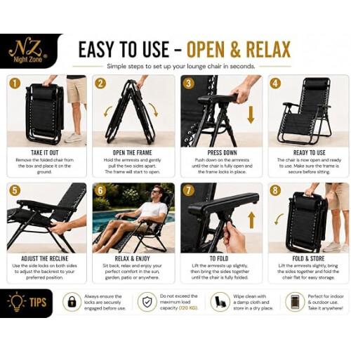 Zero Gravity Folding Sun Lounger Chair with Adjustable Headrest (1) 2