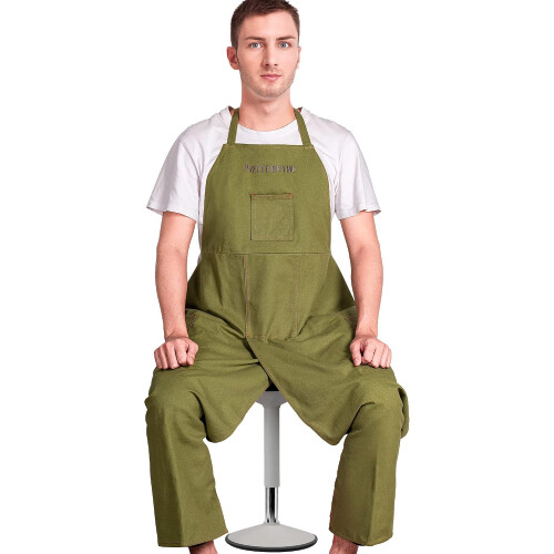 Full Coverage Cotton Canvas Pottery Apron with Split Leg, Tool Pockets and Leg Straps, Green 1