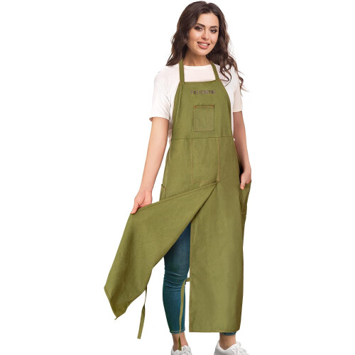 Full Coverage Cotton Canvas Pottery Apron with Split Leg, Tool Pockets and Leg Straps, Green 2