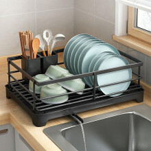 Dish Drying Rack with 360 Swivel Spout, Large Capacity Drainer for Kitchen Counter, Black