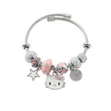 Hello Kitty Cat Love Charm Bracelet Adjustable Cartoon Anime Friendship Bracelet Jewelry Gift for Women Girls Kids Pink