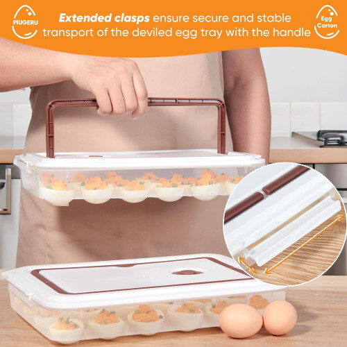 Deviled Egg Carrier Set of 2, Plastic Tray with Lid and Handle, Stackable 48 Egg Storage Container 1