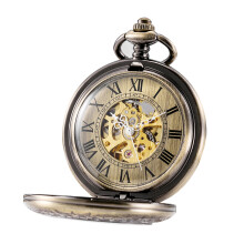 Automatic Mechanical Pocket Watch Magnifier Case Steampunk Skeleton Roman Numerals Dial for Men Women Bronze