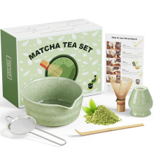 Matcha Tea Set with Ceramic Bowl Spout, Whisk Holder, Bamboo Scoop, Sifter, 5pc Green Kit