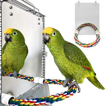 Large Stainless Steel Bird Mirror with Rope Perch for Parakeet Cockatiel Conure Lovebirds Finch Canary Cage Toys Swing (10.6x7.87)