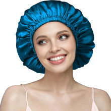 Double Layered Silk Bonnet for Sleeping Women, 22 Momme Pure Mulberry Silk, Blue, M