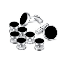 Men's Cufflinks and Onyx Shirt Buttons Set Black for Men Wedding Work Wear Tuxedo Suit, Brass, Onyx
