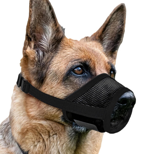 XL dog muzzle made of polyester mesh, adjustable, secure strap, suitable for snouts of 22–28 cm