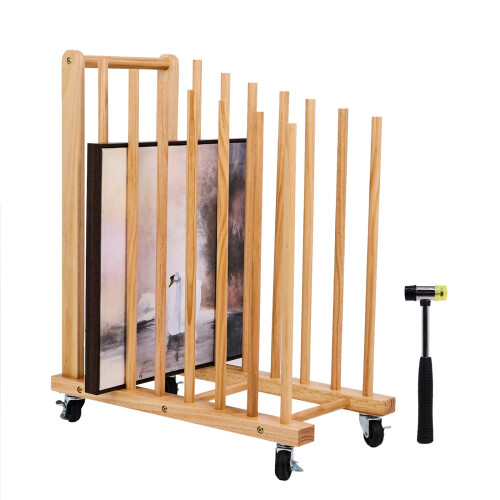 Wooden Art Drying Rack with Wheels, Adjustable Canvas Storage Organizer for Studio and Gallery Use