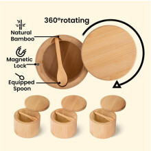 Bamboo Salt Cellar (3 Pack),Salt Box with Built-in Spoon,Spice Container Holder with Swivel Magnetic Lid