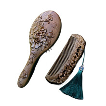 Wooden Hair Brush and Comb Set with Anti Static Air Cushion, Retro Peony Carved Detangling Brush