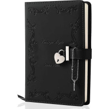 (Black-9.29 x 6.5 x 2.01 inches)Diary With Lock And Key compatible with Girls Thicken 360 Pages Leather Heart Shaped Locking Jou