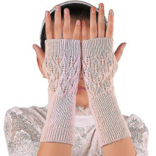 (Light Pink)Women's Long Hand Embroidered Gloves Knitted Warm compatible with Winter Fingerless