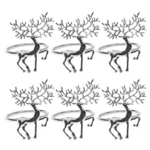 (Silver)6Pcs Elk Shape Christmas Napkin Rings Set Stainless Steel Christmas Dinning Table Paper Holder Weddi