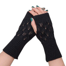 (Black)Women's Long Hand Embroidered Gloves Knitted Warm compatible with Winter Fingerless