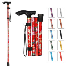 Folding Cane 5Level Adjustable Height Foldable Walking Stick With THandle And Wrist Strap Red Floral For Men And Women