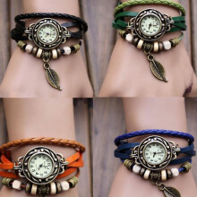 Womens Weave Wrap Bracelet Watch Quartz Leather Leaf Beads Wristwatch Fashion